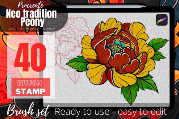 40 Peony Tattoo Stencil Brushes for Procreate